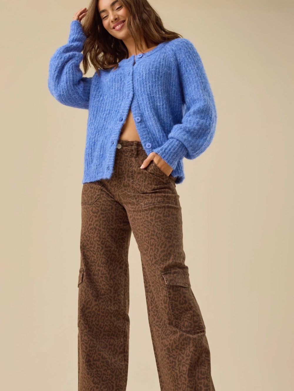 Altar'd State Brown Cheetah Wide Leg Cargo Jeans